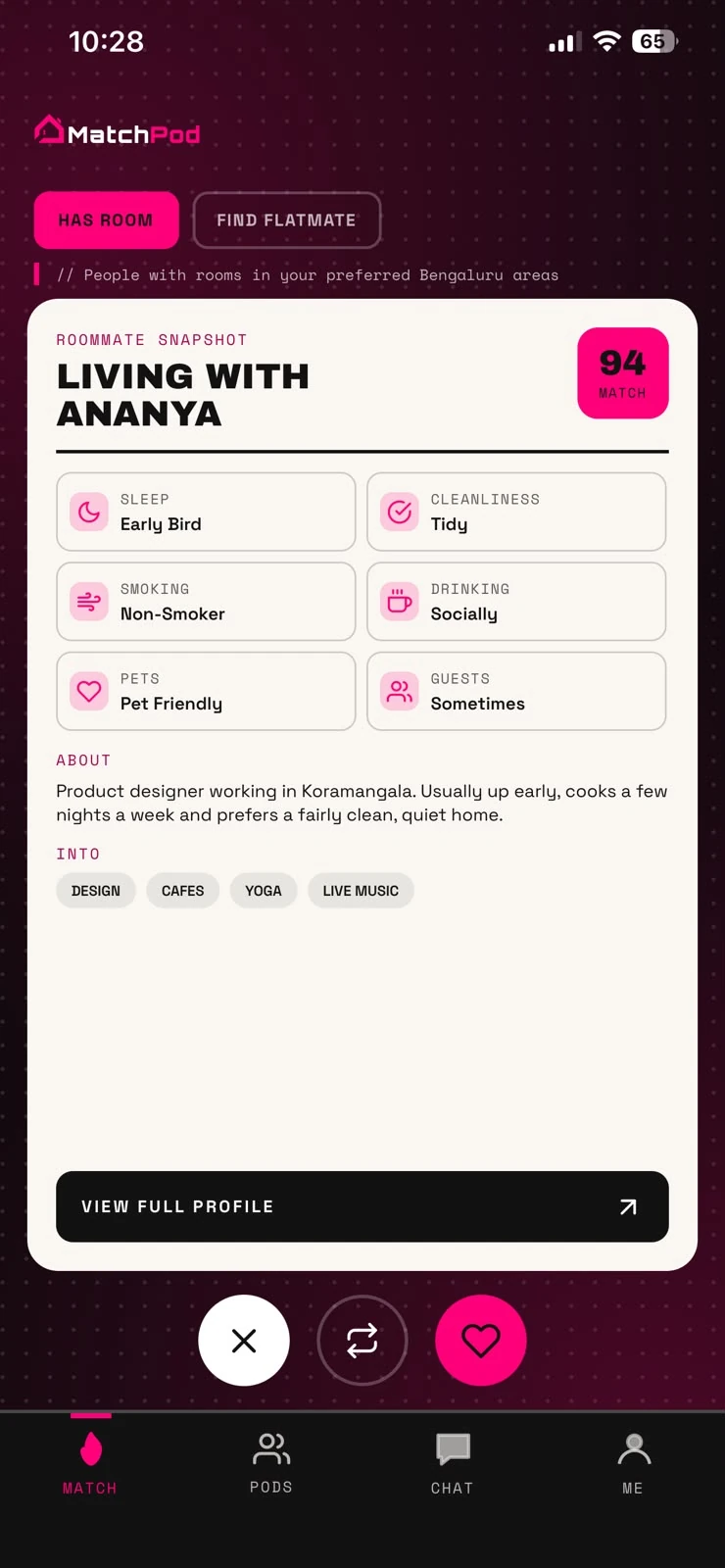 MatchPod compatibility overview showing lifestyle categories